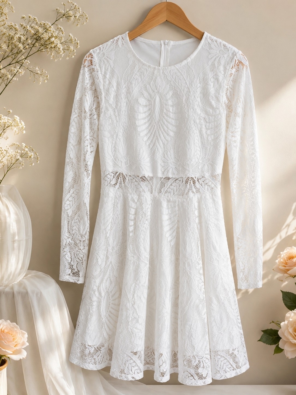 EillyBazar White Lace Fit & Flare Dress | Size M | Long Sleeve Cocktail, Bridal